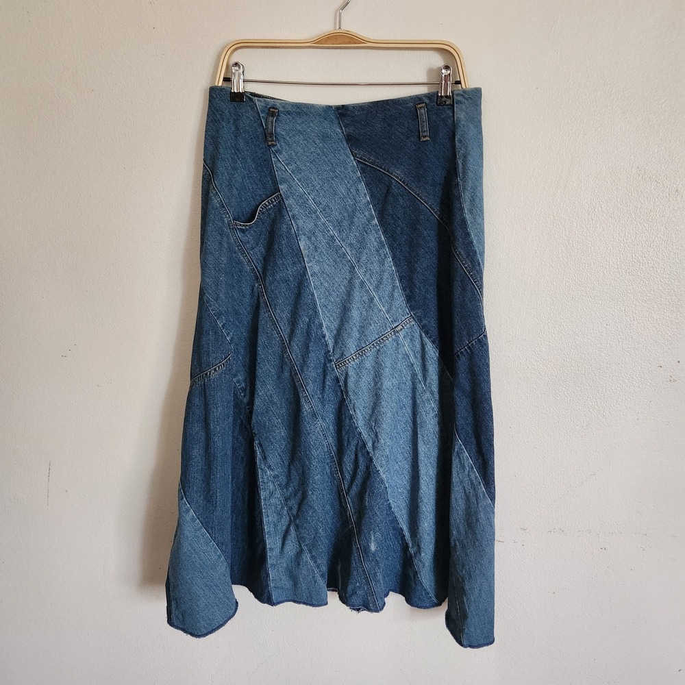 Vintage J Jill Diagonal Patchwork Denim Midi Skirt 10 A Line 90s Grunge Western